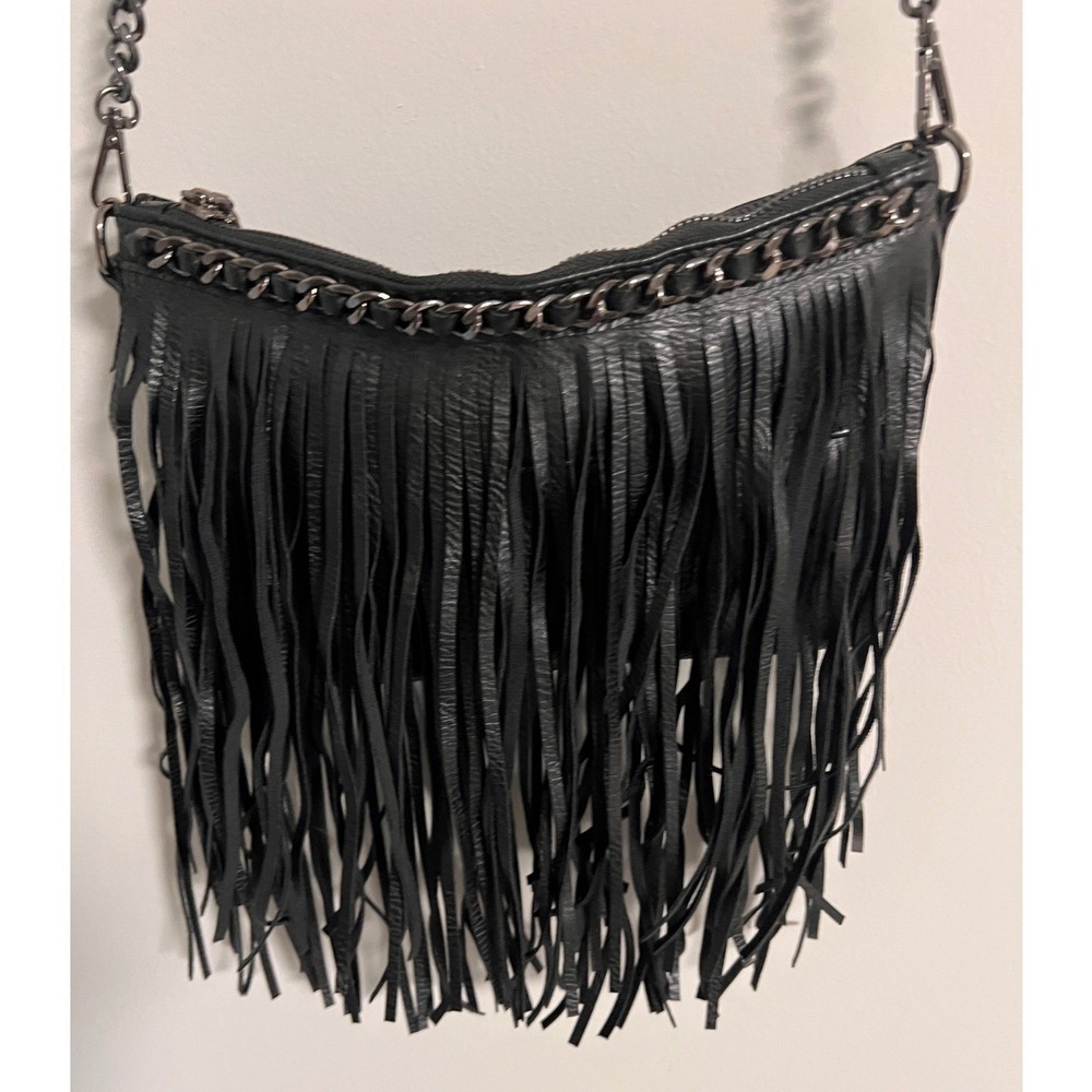 MMS Black Fringe Crossbody Bag Small Faux Leather Gunmetal Chain Boho Rockstar - Picture 1 of 11